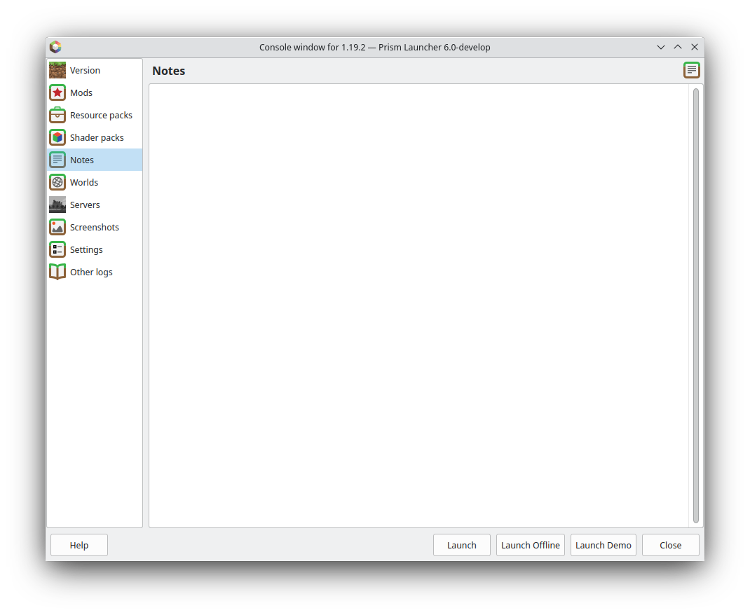 Notes tab under PrismLauncher Instances