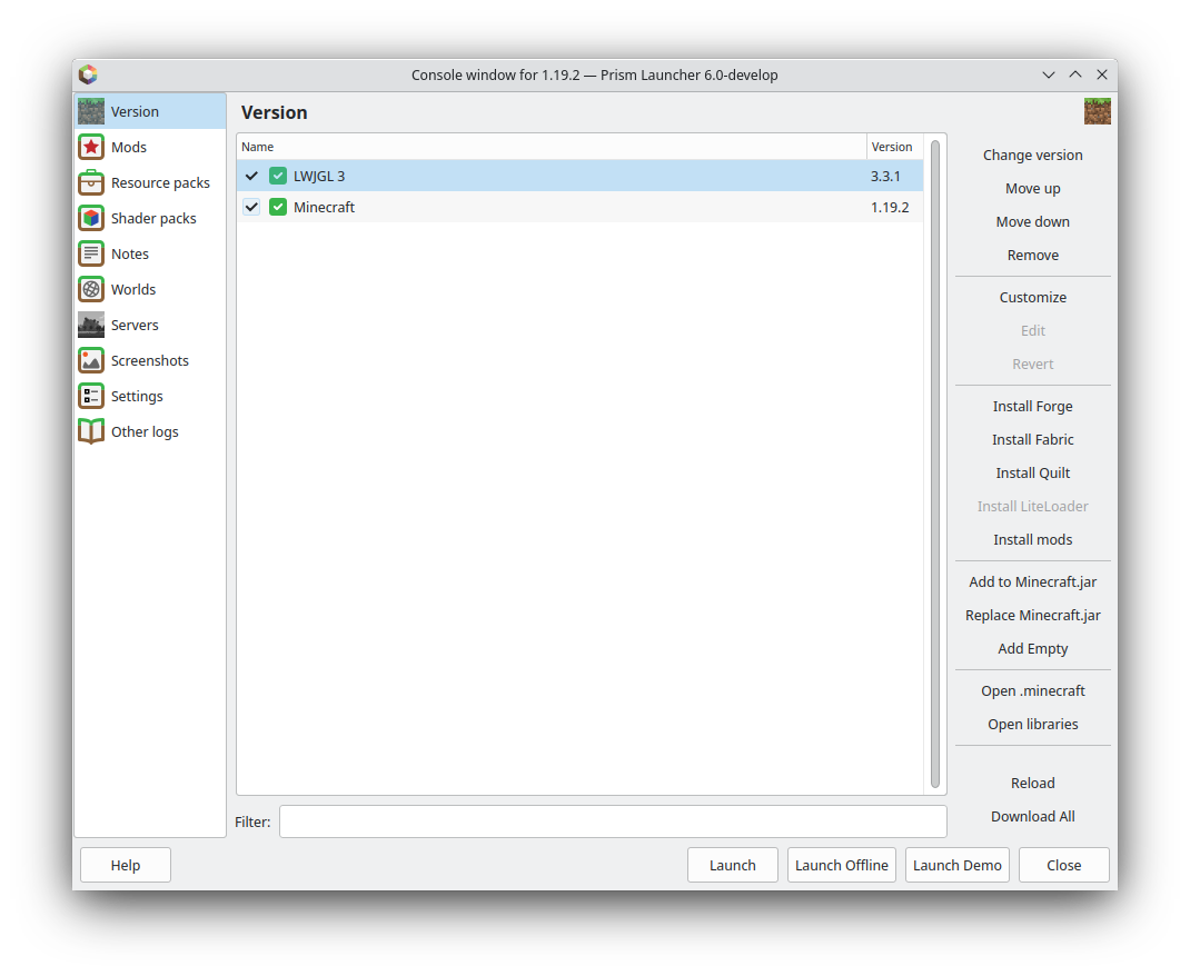 Version tab under PrismLauncher Instances